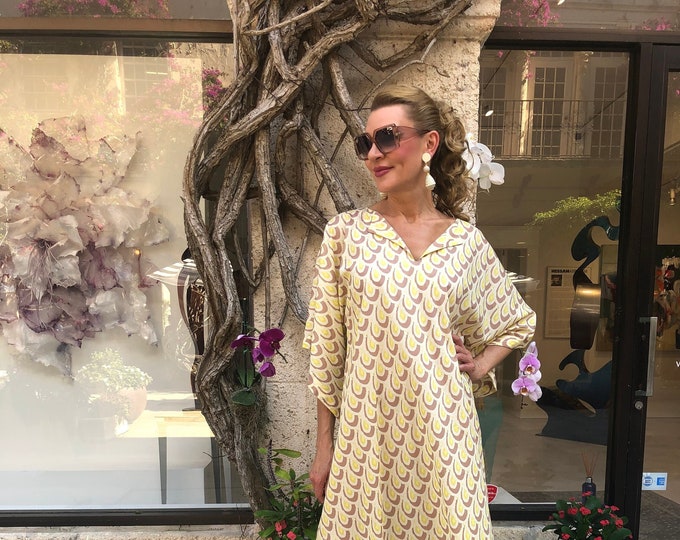 C≈2≈C - The Caftan – Fanciful Abstract Feathers Yellow and Brown, One-of-a-kind, Handmade Caftan