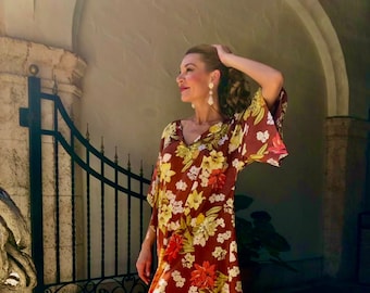 C≈2≈C - The Caftan – Retro Hawaiian Floral on Rusty Brown, Two-of-a-kind, Handmade Caftan