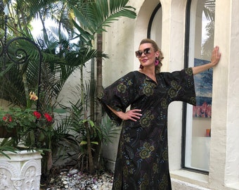 C≈2≈C - The Caftan – Floral Cross-Stitch and Embroidery on Dark Moss, One-of-a-kind, Handmade Caftan