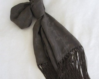 Armani Coco Brown Floral Paisley Jacquard Silk Chiffon Scarf with Fringe