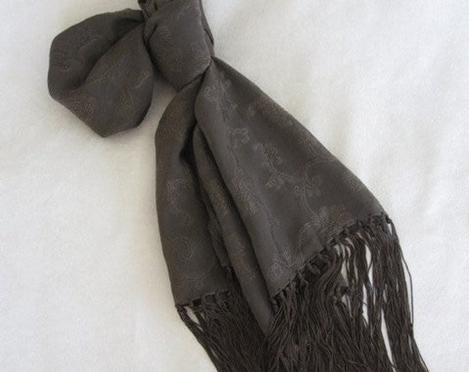 Armani Coco Brown Floral Paisley Jacquard Silk Chiffon Scarf with Fringe