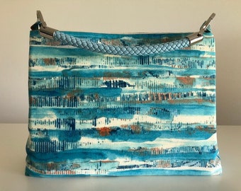 C≈2≈C The Handbag – Abstract Blue Water Print with Light Blue Faux Leather Woven Handle