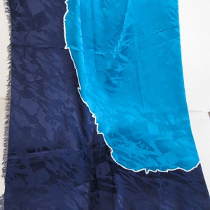 YSL Yves Saint Laurent Vintage 70s Oversized Silk Jacquard Shawl Scarf - Navy Blue & Turquois VFG