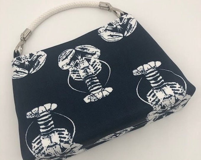 C≈2≈C The Handbag -  Navy Blue and Lobster Print with White Faux Leather Woven Handle