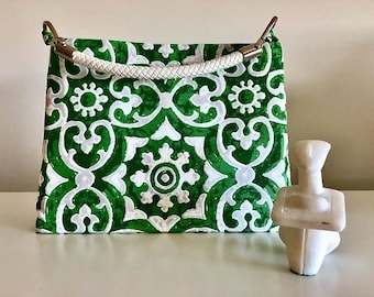 C≈2≈C The Handbag -  Green Athens Print with White Faux Leather Woven Handle
