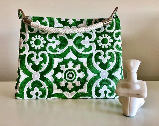 C≈2≈C The Handbag -  Green Athens Print with White Faux Leather Woven Handle