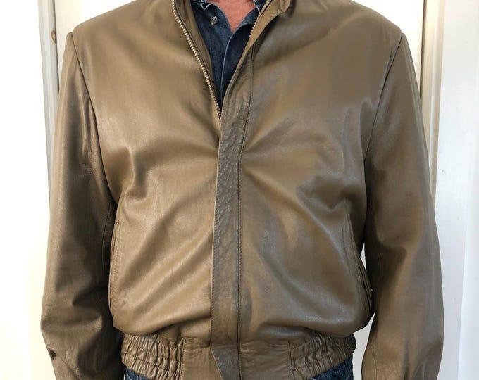 Vintage 80s Olive Green Lambskin Leather Bomber Jacket