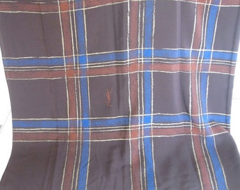 YSL Vintage 70s Coco Brown Plaid Oversized Silk Shawl Scarf