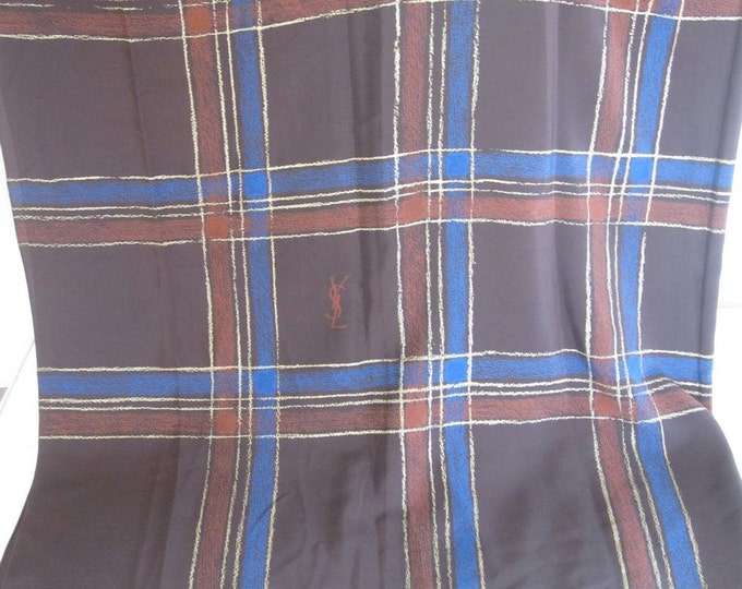 YSL Vintage 70s Coco Brown Plaid Oversized Silk Shawl Scarf