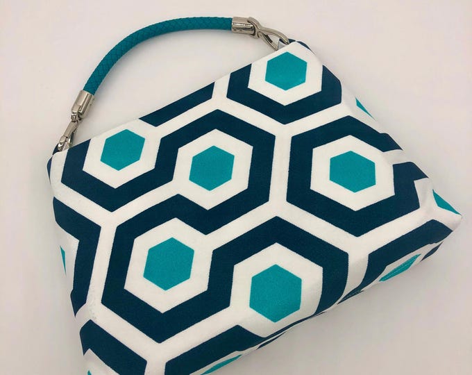 C≈2≈C The Handbag - Turquoise Geometric with Turquoise Faux Leather Woven Handle
