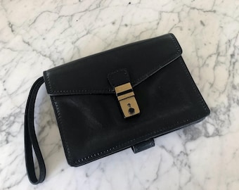 Vintage 1990s Barantani Mens Black Leather Wrist Clutch Travel Bag