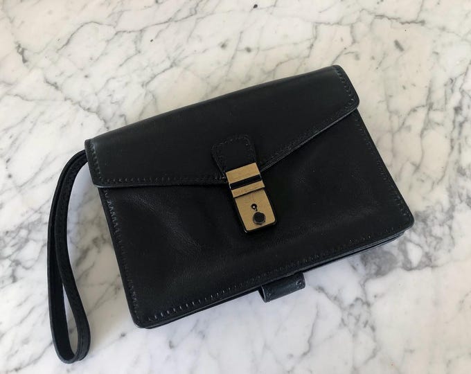 Vintage 1990s Barantani Mens Black Leather Wrist Clutch Travel Bag