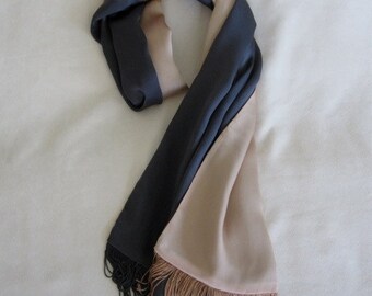 Armani Charcoal Grey and Peach Neck Scarf in Heavy Silk Satin with Fringe