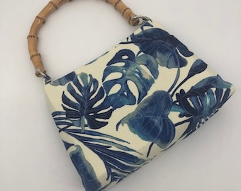 C≈2≈C The Handbag -  Blue Palms with Bamboo Handle