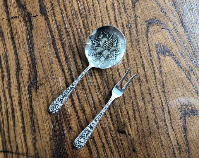 S Kirk & Son – Sterling Silver Repousse Floral Lemon Fork and Berry Spoon circa 1924