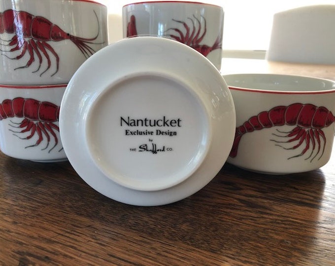 Mid Century Nantucket Exclusive Design by The Shafford Co - Red Prawn Design Coupe Soup Bowls - White with Red Prawns - Set of 2