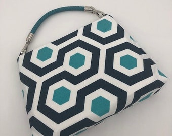 C≈2≈C The Handbag - Turquoise Geometric with Turquoise Faux Leather Woven Handle