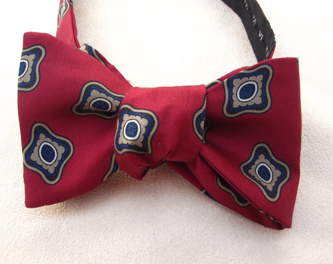 Handmade Dark Red Silk Bow Tie with Paisley Squares