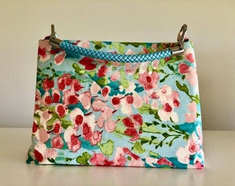 C≈2≈C The Handbag -  Cherry Blossoms with Light Blue Faux Leather Handle