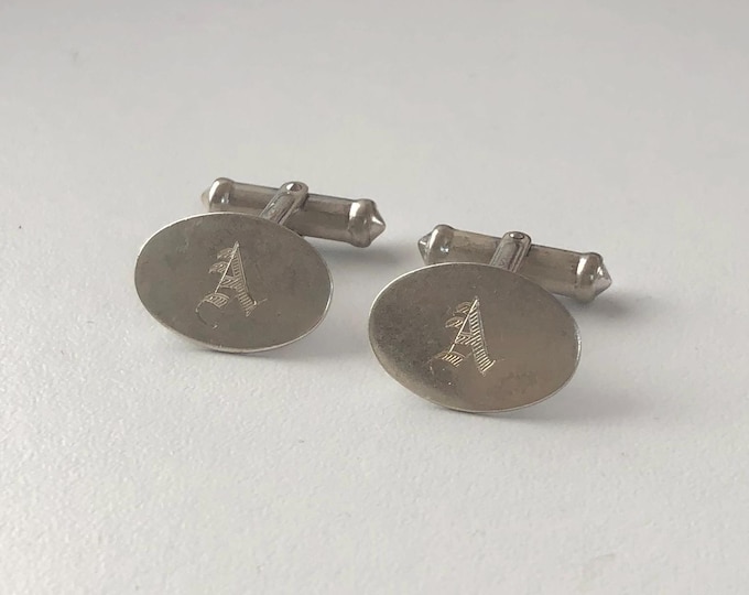 Vintage Sterling Silver Cuff Links - Monogrammed A with Swivel Barrels