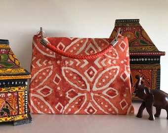 C≈2≈C The Handbag -  Orange Tribal Batik with Orange Faux Leather Woven Handle