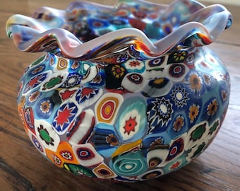 1980s Millefiori Murano Glass Bowl with Ruffled Edge