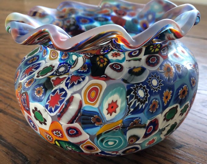 1980s Millefiori Murano Glass Bowl with Ruffled Edge