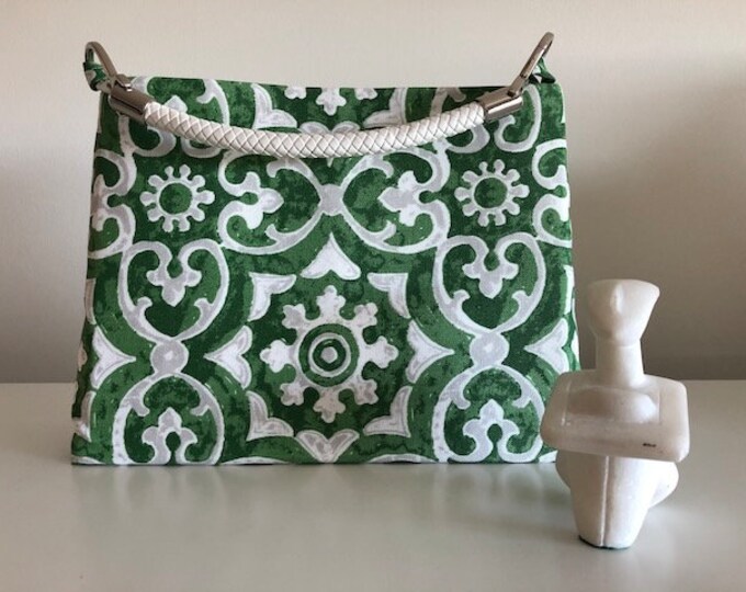 C≈2≈C The Handbag -  Green Athens Print with White Faux Leather Woven Handle