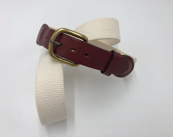 Vintage 90s Creamy Woven Cotton Web and Cordoban Leather Belt