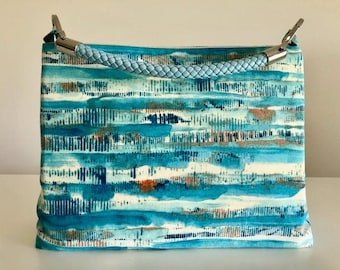 C≈2≈C The Handbag – Abstract Blue Water Print with Light Blue Faux Leather Woven Handle
