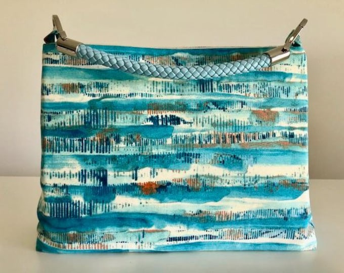 C≈2≈C The Handbag – Abstract Blue Water Print with Light Blue Faux Leather Woven Handle