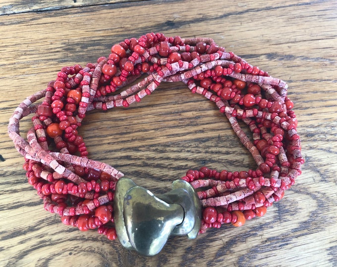 Funky Coral and Glass Bead Choker with Brass Clasp