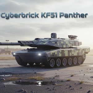 Op de afbeelding: Een moderne militaire tank, de Cyberbrick KF51 Panther, wordt getoond op een verharde ondergrond. De tank heeft een camouflagepatroon in groen- en grijstinten. De afbeelding bevat de tekst "Cyberbrick KF51 Panther" bovenaan.