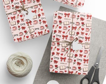 Pop Up Style Books and Ribbons Gift Wrapping Paper, Bookish Pattern, Christmas Birthday Wrapping Paper, BookTok Merch, Bookish Print