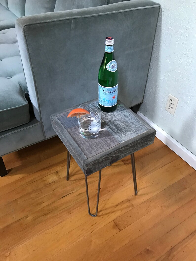 Gray Barnwood End Table with Hairpin Legs modern rustic Etsy