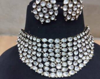 Victorian Polki Diamond Choker & Stud Earrings Set, Indian Bridal Necklace