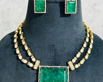 Green Gemstone Necklace & Earring Set | Gold-Plated Bridal Jewelry