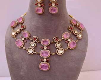 Exquisite Rose Pink Onyx Jewelry Set, Gold Plated Kundan Polki Statement Necklace, Elegant Wedding Gift for Her, Artisan Bridal Jewelry Set