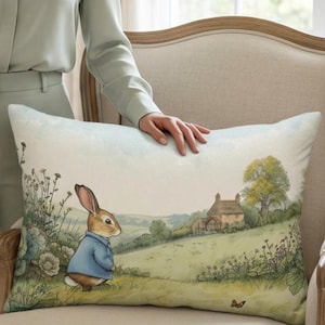 Vintage Bunny Lumbar Pillow, Beatrix Potter Style Nursery Cushion, Gender Neutral Decor