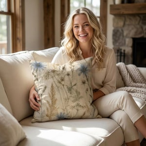 Wildflower Pillow and Insert,  Botanical Cottagecore Cushion, Blue, Sand and Sage Decor