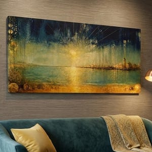 May include: A rectangular wall art canvas featuring a coastal scene at sunset. The composition displays a bright sun radiating light over a calm sea, a sandy shoreline, and a distant cityscape with a tower. The color palette includes deep blues, gold, and yellow tones with textured circular elements on the left side.