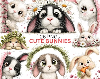 Easter Bunny Clipart PNG, Watercolor Peeking Rabbit Art (Digital Download)