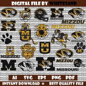 May include: A digital file featuring various Missouri Tigers-themed graphics. Includes logos, tiger heads, football helmets, and the word "Missouri" in gold and black. File formats include AI, SVG, EPS, PNG, and PDF. The text "INSTANT DOWNLOAD" and "BEST QUALITY FILE" are also present.