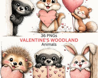 Woodland Animals Valentine Clipart PNG, Cute Forest Animals Watercolor, Fox Bunny Bear, Valentine’s Day Digital Download, 36 PNG