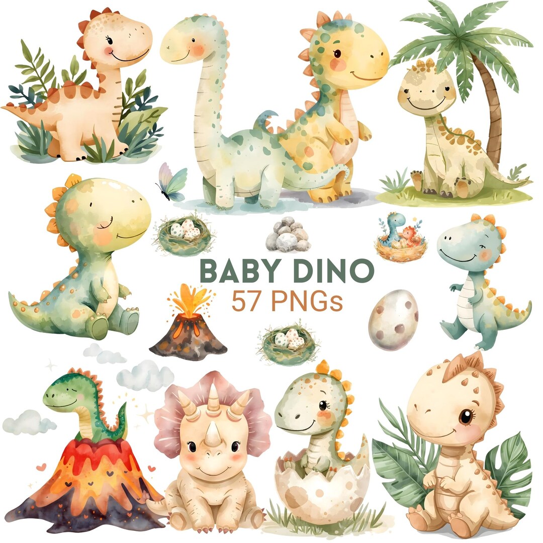 Cute Baby Dinosaur Clipart PNG, Watercolor Dino Nursery Clipart Bundle ...