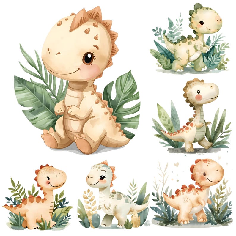 Cute Baby Dinosaur Clipart PNG, Watercolor Dino Nursery Clipart Bundle ...