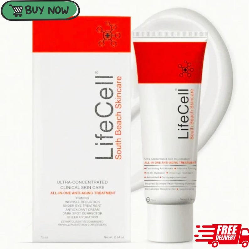 May include: A white tube and box of LifeCell South Beach Skincare. The tube and box have a red top and the text "LifeCell" in black. The box also has the text "Ultra-Concentrated Clinical Skin Care".