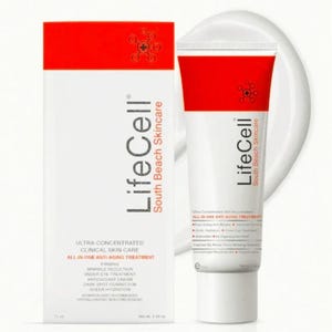 May include: A white tube and box of LifeCell South Beach Skincare. The tube and box have red accents and text. The product is an all-in-one anti-aging treatment. The box reads "Ultra-Concentrated Clinical Skin Care."