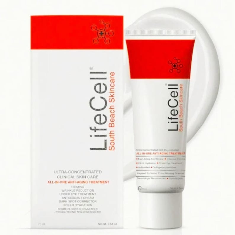 May include: A white tube and box of LifeCell South Beach Skincare. The tube and box have red accents and text. The product is an all-in-one anti-aging treatment. The box reads "Ultra-Concentrated Clinical Skin Care."