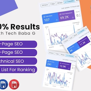 Puede incluir: Imagen que muestra análisis de datos SEO con gráficos y tablas. El texto dice "100% Results With Tech Baba G" y enumera "On-Page SEO", "Off-Page SEO", "Technical SEO" y "Full List For Ranking".
